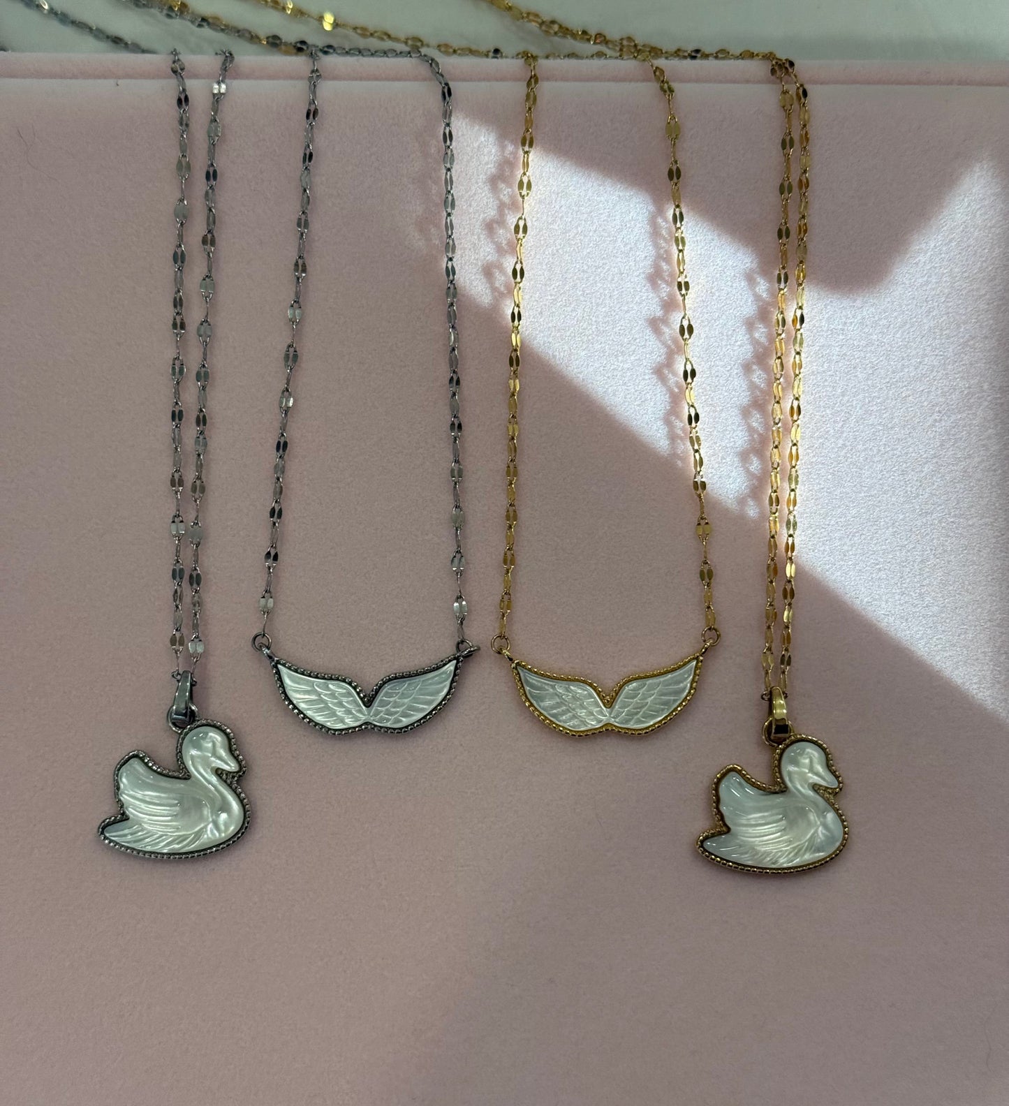 Engraved Mother of Pearl Angel Wings 14k Gold Plated Necklace