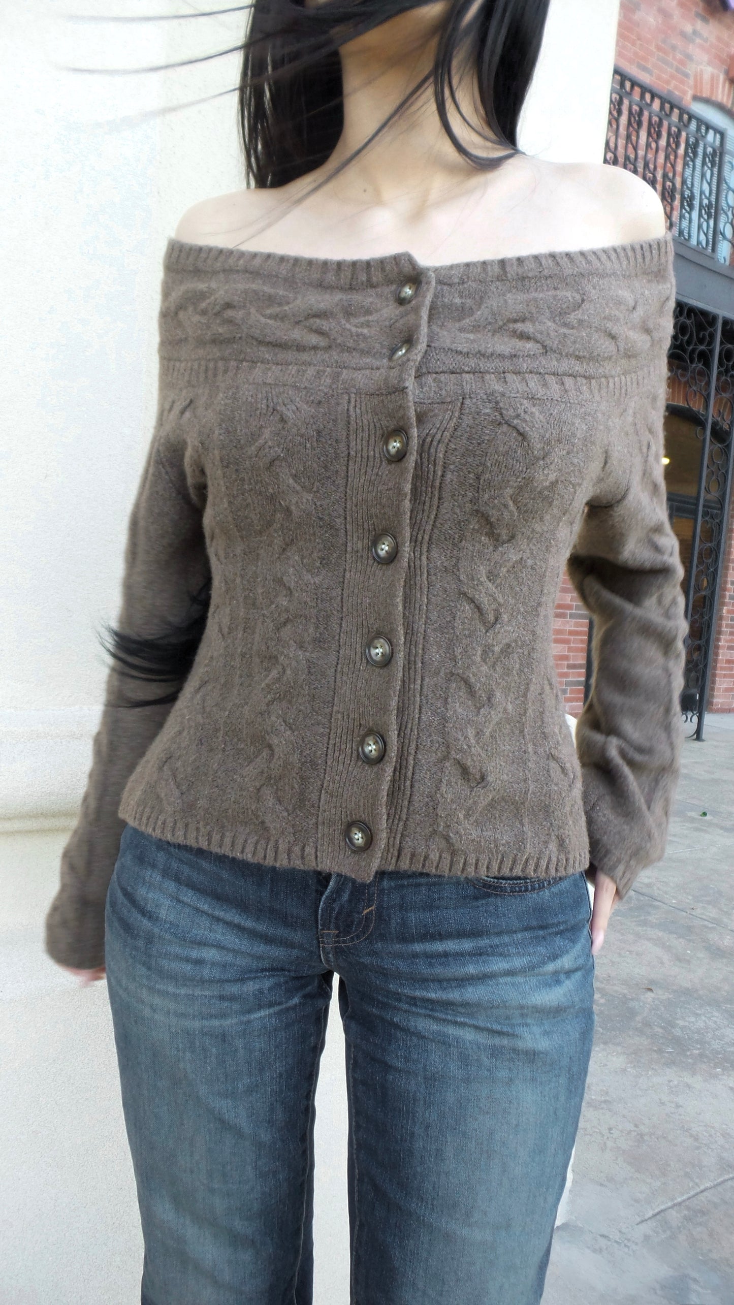 Dark Brown Off The Shoulder Sweater