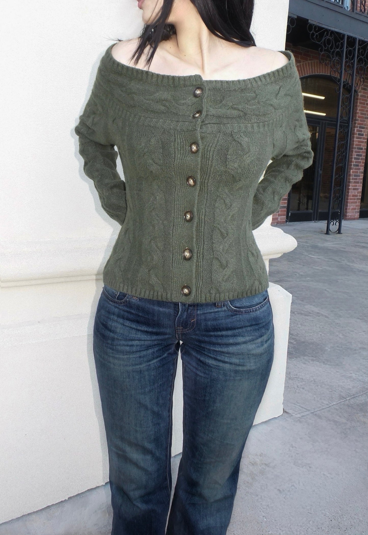 Dark Green Off The Shoulder Sweater