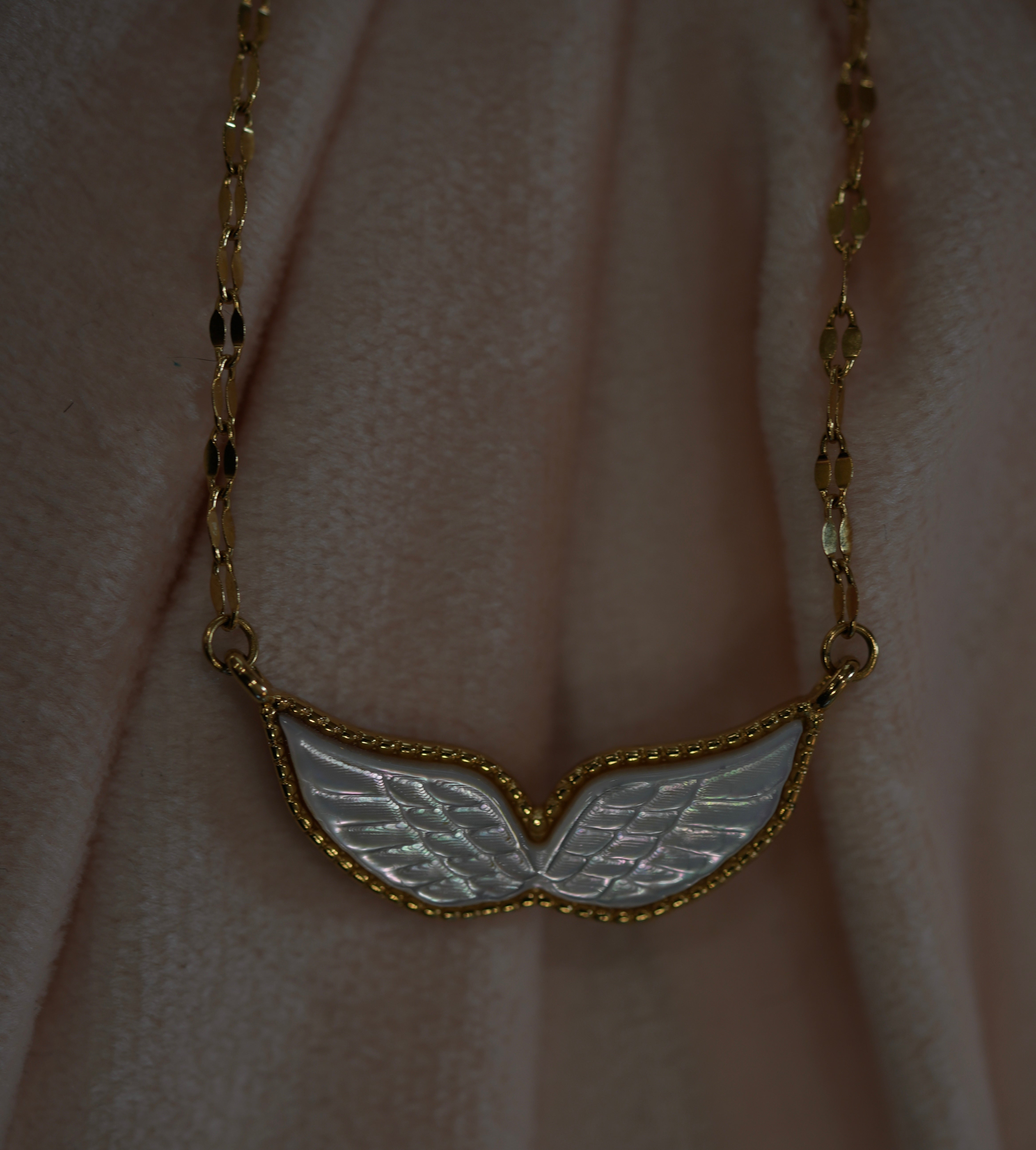 Engraved Mother of Pearl Angel Wings 14k Gold Plated Necklace