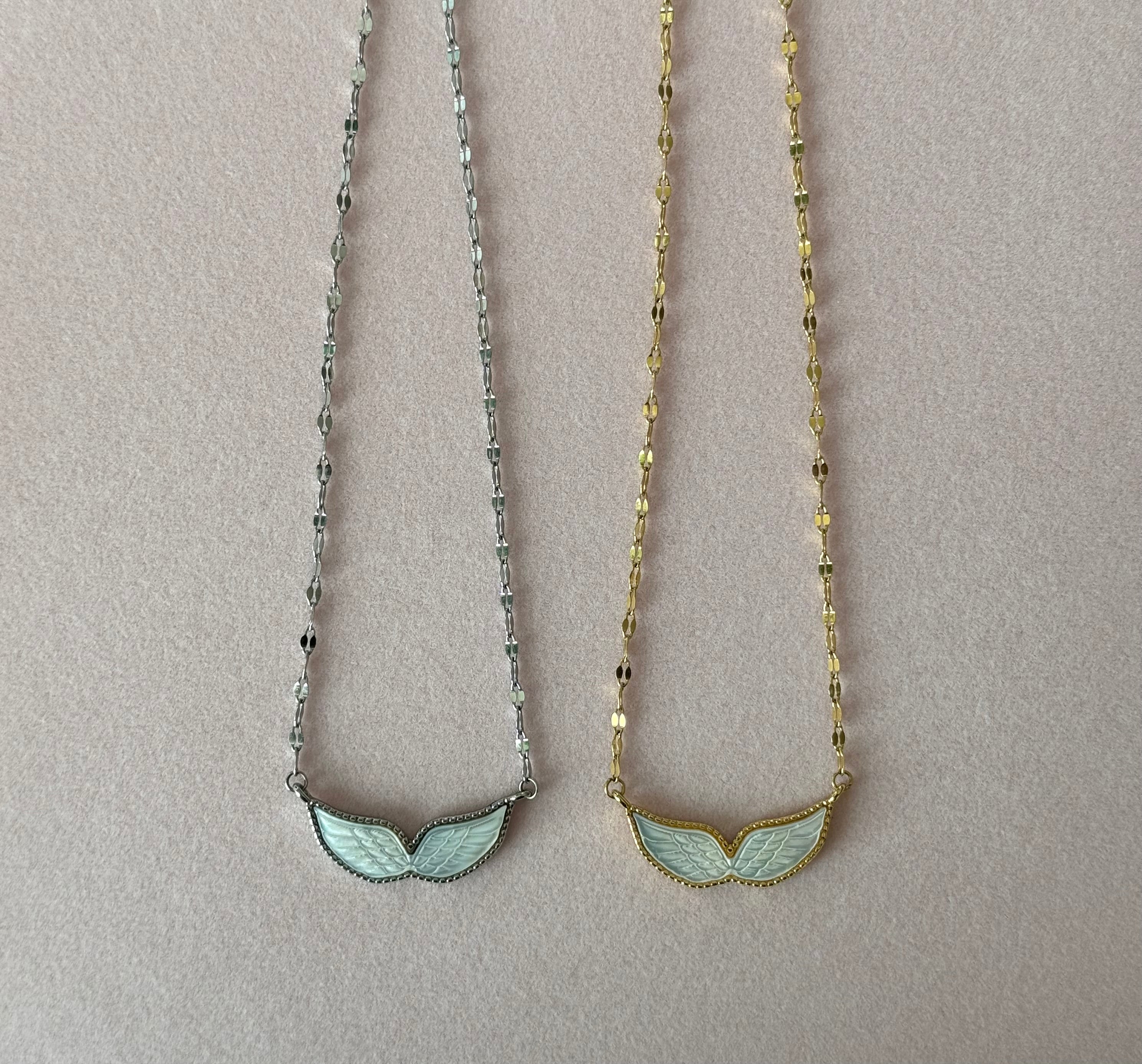 Engraved Mother of Pearl Angel Wings 14k Gold Plated Necklace