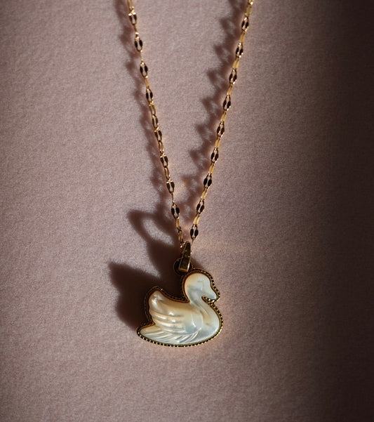 Engraved Mother of Pearl Swan 14k Gold Plated Necklace